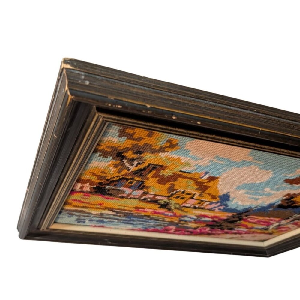 Vintage Needlepoint Tapestry Framed Scenic Landscape Art Piece 14.5x18.5 Inches - Picture 7 of 16